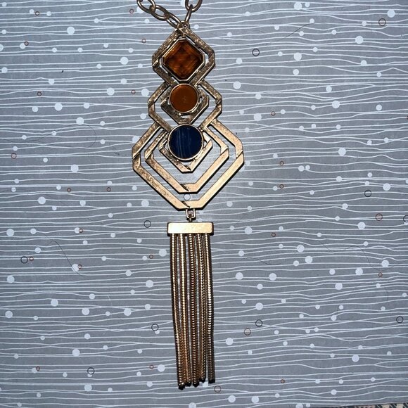 Mia 22” Pendant Necklace Tri Colored Gems & Earrings Gold Fringe - Picture 10 of 11